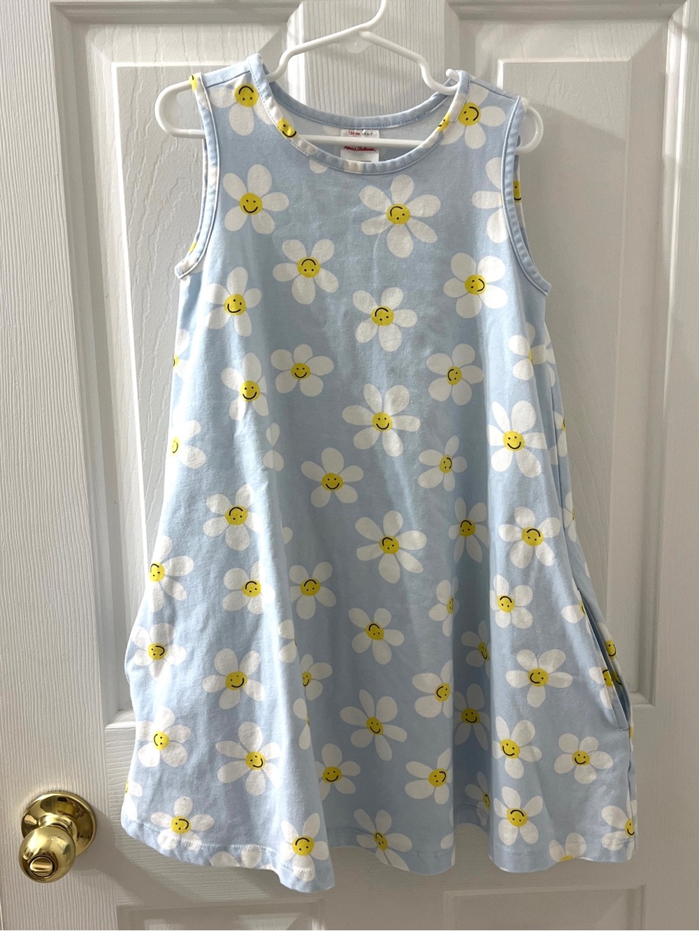 Hanna Andersson Girls Blue Daisy Happy Face Cotton Dress Sz 6-7 W/pockets